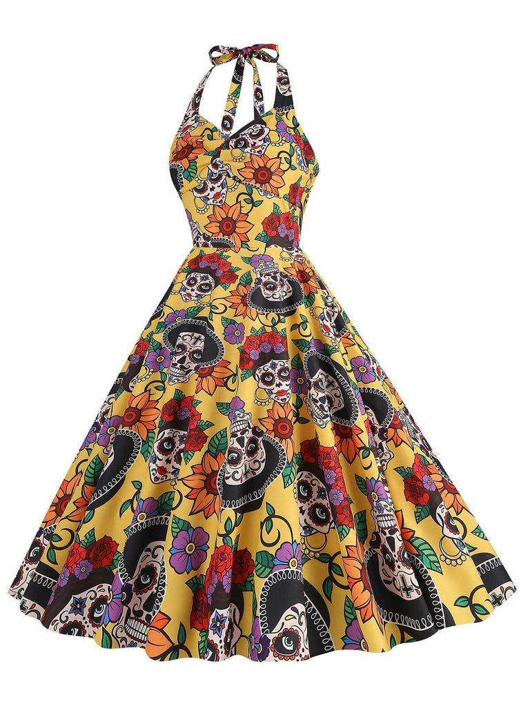 Gelb 1950er Hippie Schädel Bogen Halter Swing Kleid