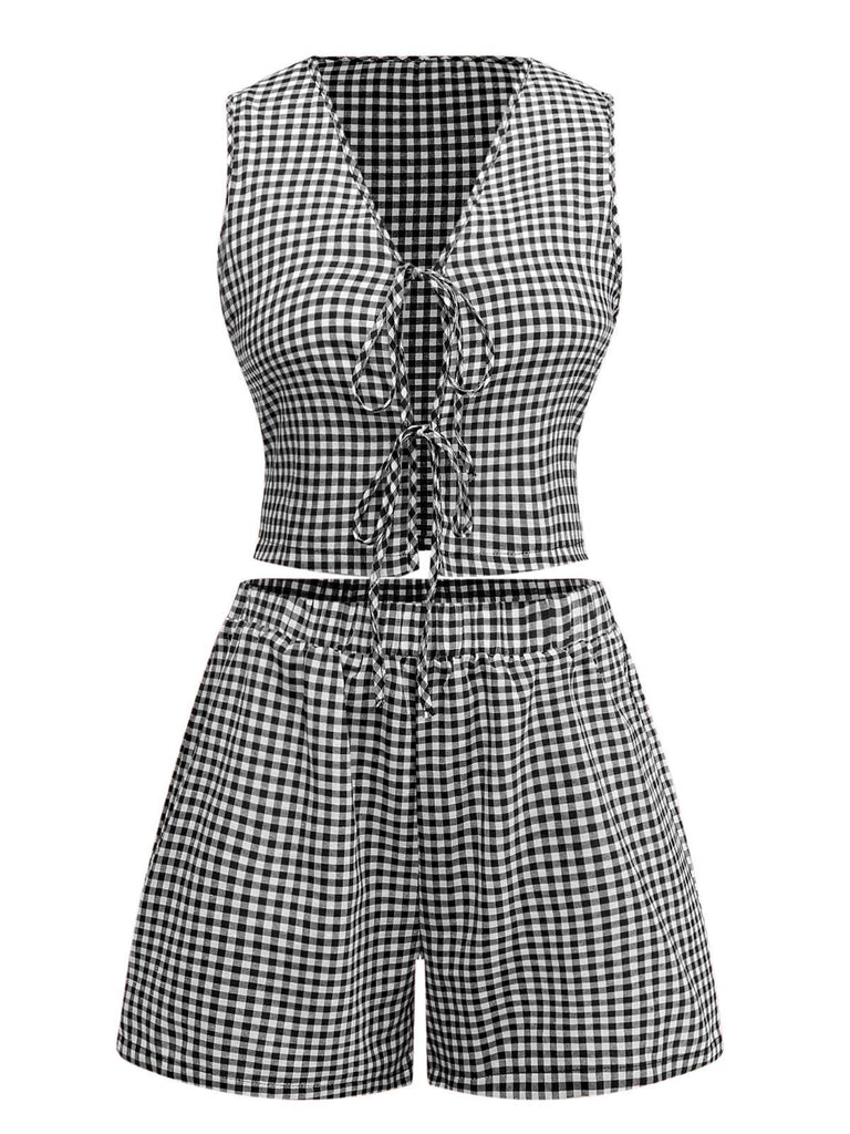 2PCS 1950er Plaid V-Ausschnitt Binden Weste & Shorts