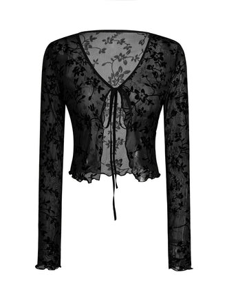 1980er Sheer Botanischer Druck Schnürung Cardigan