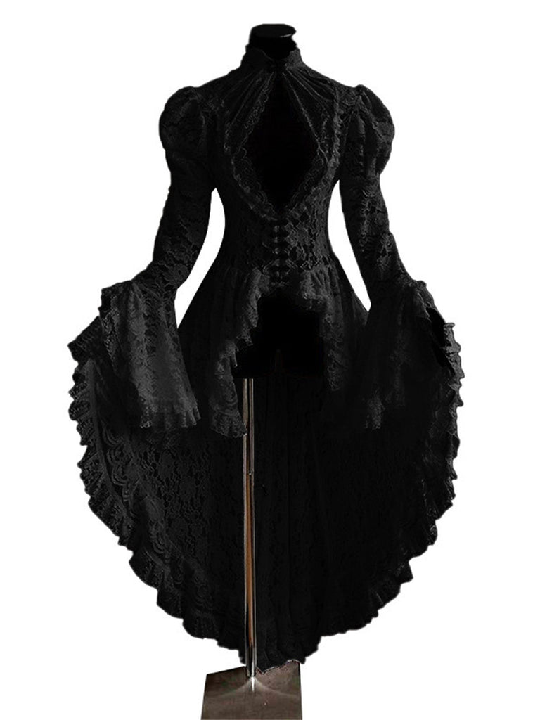 [Vorverkauf] Schwarz 1980er Gigot-Ärmel Viktorianisch Spitze Kleid