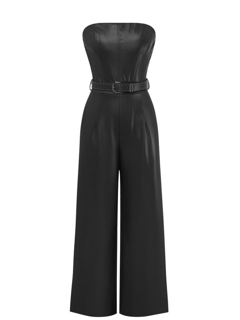 1940er PU Leder Gürtel Trägerlos Jumpsuit