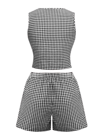 2PCS 1950er Plaid V-Ausschnitt Binden Weste & Shorts