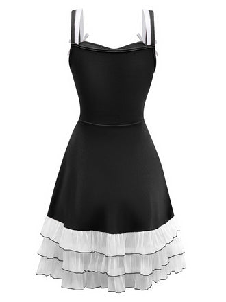 1950er Geschichtet Saum Kontrast Bogen Träger Kleid