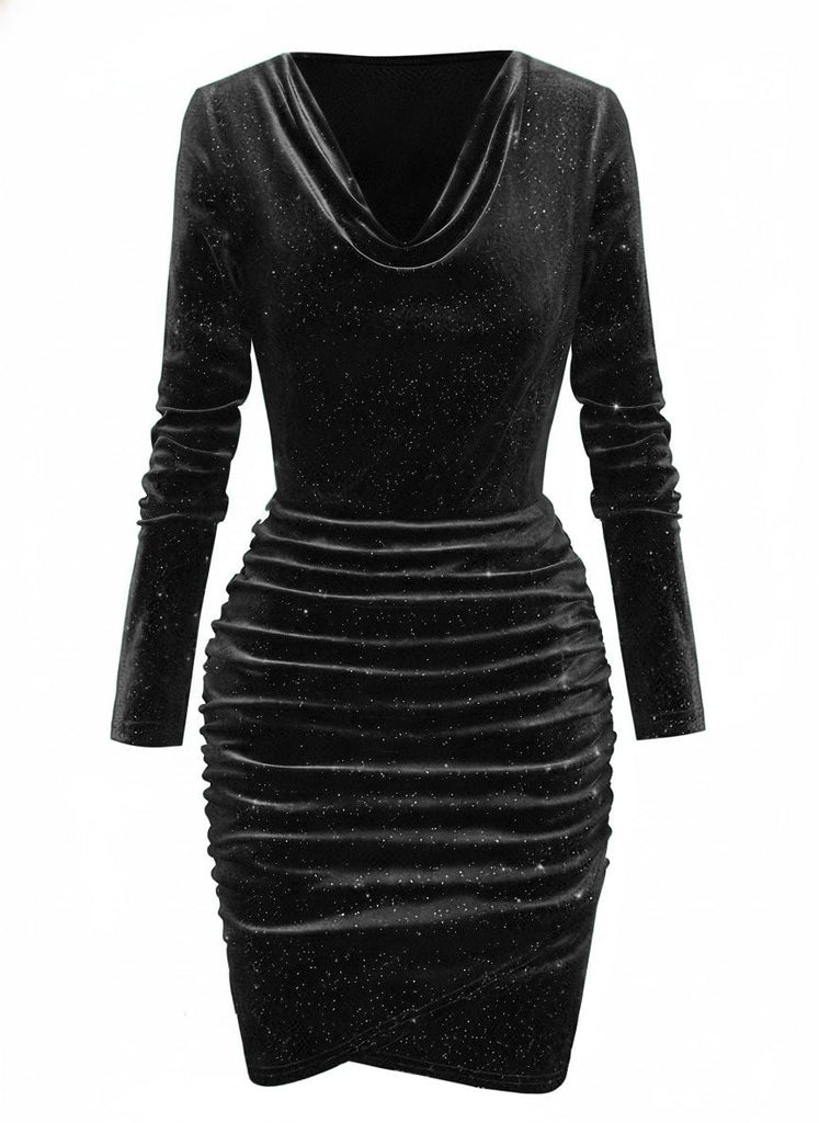 1960er Solide Samt Langarm Wasserfallausschnitt Kleid