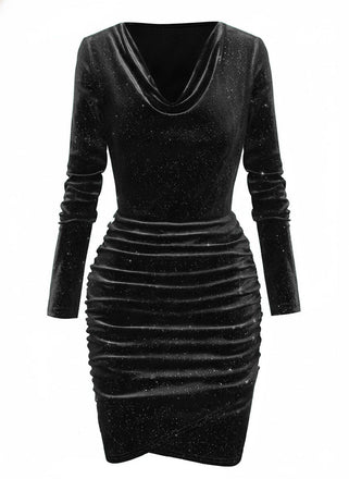 1960er Solide Samt Langarm Wasserfallausschnitt Kleid