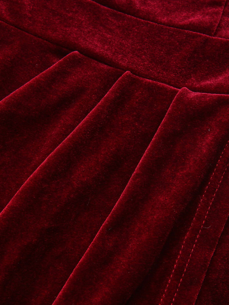 1980er Solide Samt Schulterfrei Midi Kleid