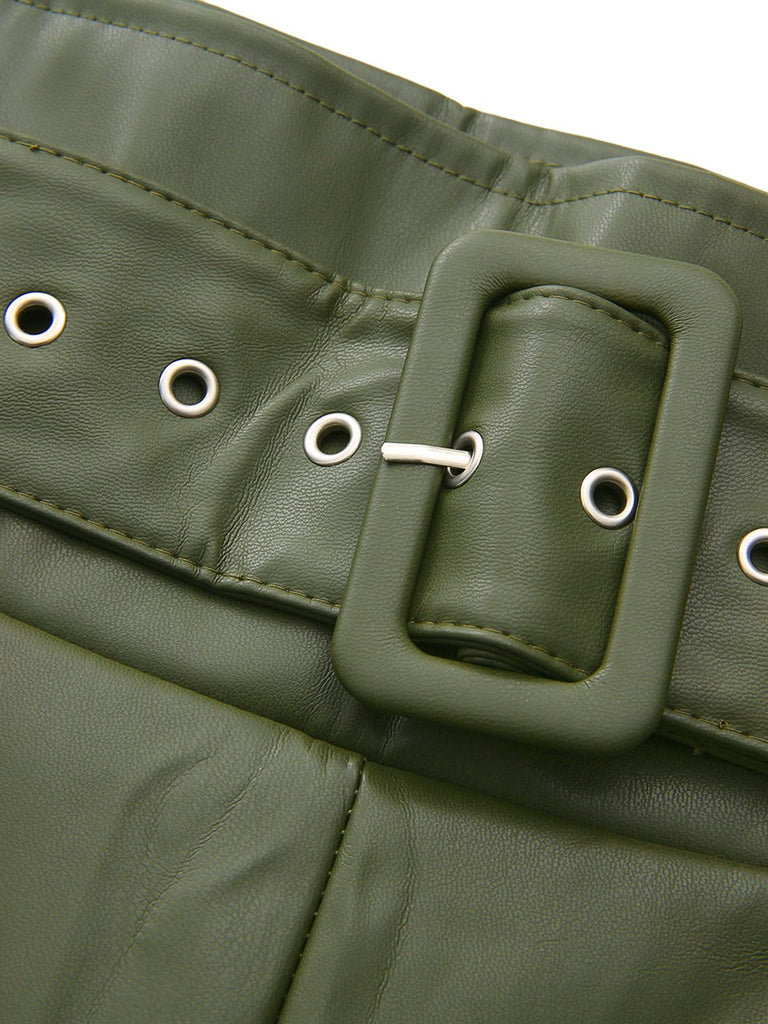 1940er Hochtailliert Metall Gürtel PU Leder Weit Hose