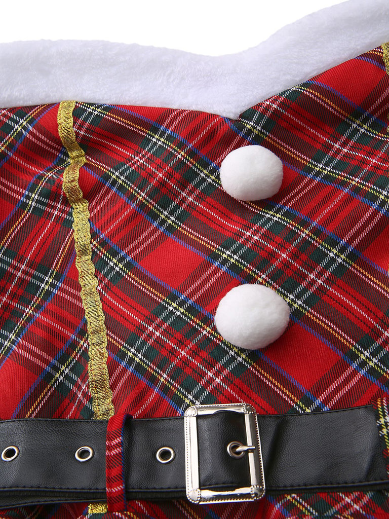 Rot 1960er Schulterfrei Plaid Weihnachten Kleid Set