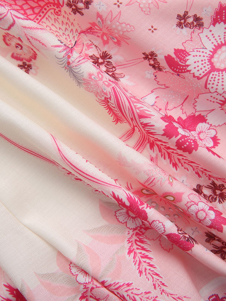 2PCS Rosa 1970er Bohemian Blumen Bluse & Hochgeschnitten Shorts