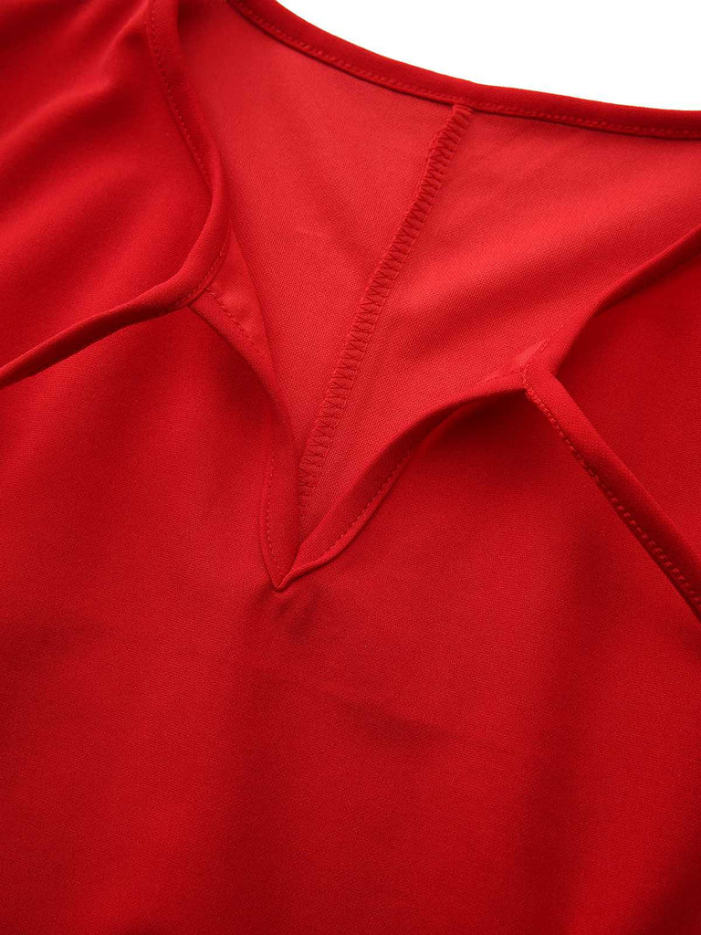 Rot 1960er Bogen Hals Rüsche Saum Ärmellos Kleid