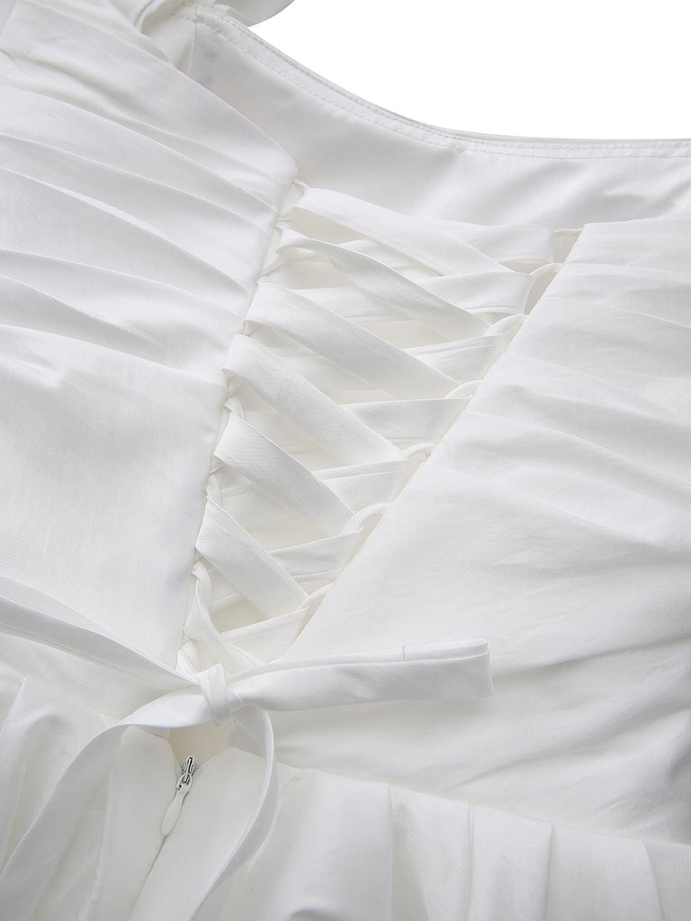 Weiß 1960er Satin Schulterfrei Mini Kleid