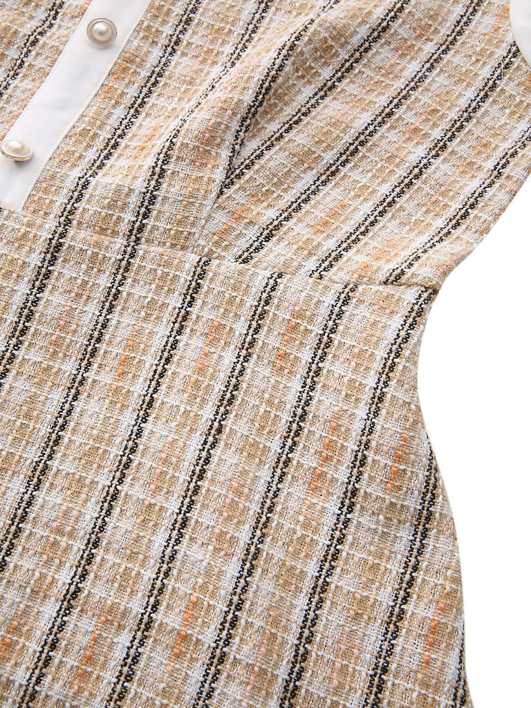 Khaki 1940er Vintage Patchwork Langärmel Kleid