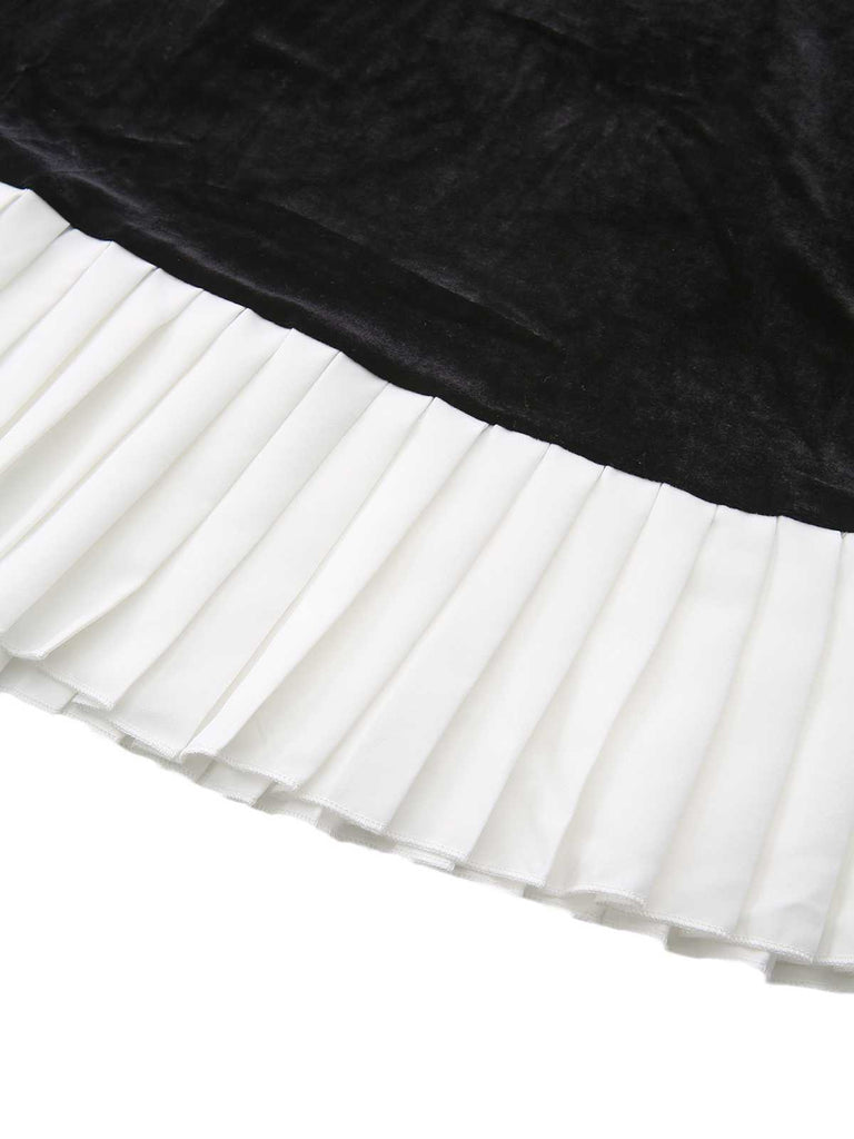 Schwarz 1960er Herzförmiger Hals Samt Plissiertes Saum Kleid