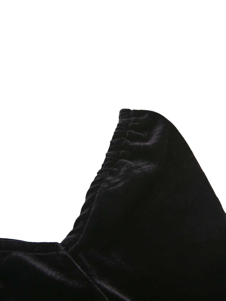 Schwarz 1960er Herzförmiger Hals Samt Plissiertes Saum Kleid