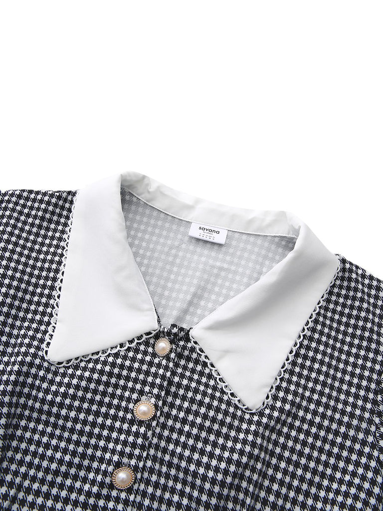 Schwarz 1940er Hahnentritt Puffärmel Perlen Taste Kleid