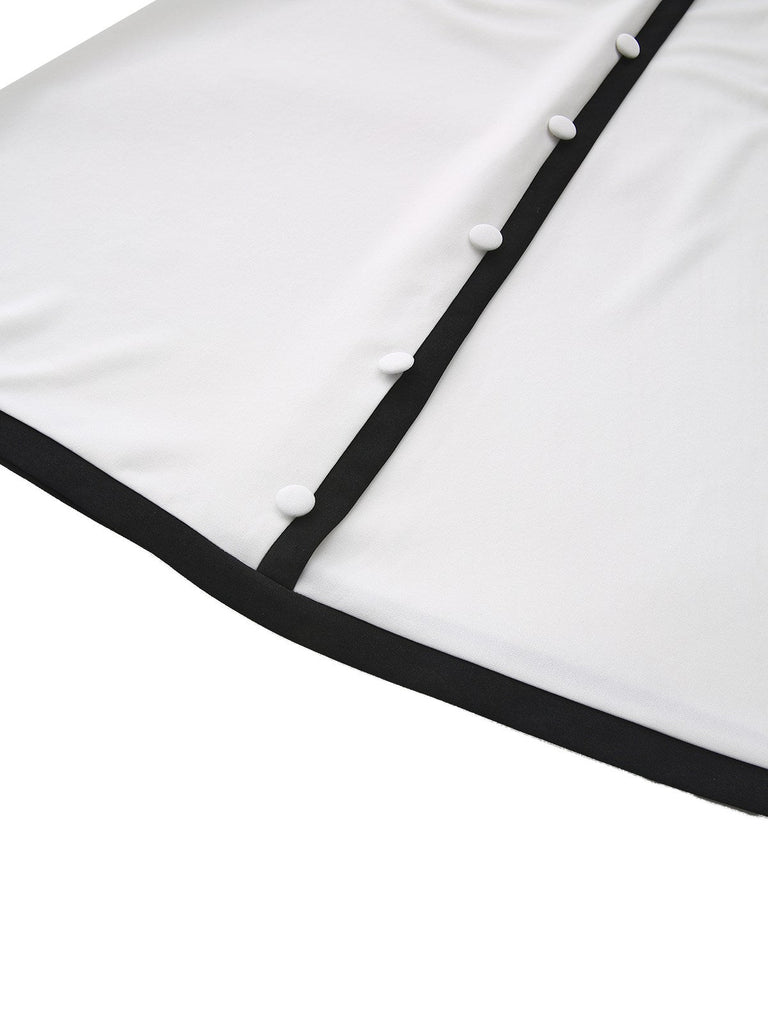 Weiß & Schwarz 1940er Tief V-Ausschnitt Gekerbt Taste Kleid