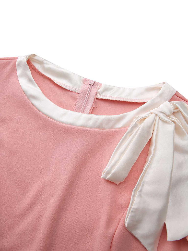 1960er Rundhals Farbblock Bogen Enges Kleid