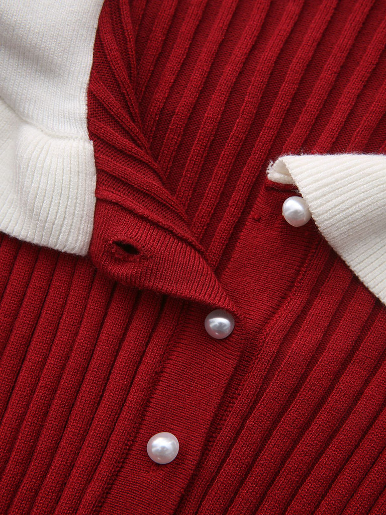 1980er Rippstrick Rüschen Kragen Midi Kleid