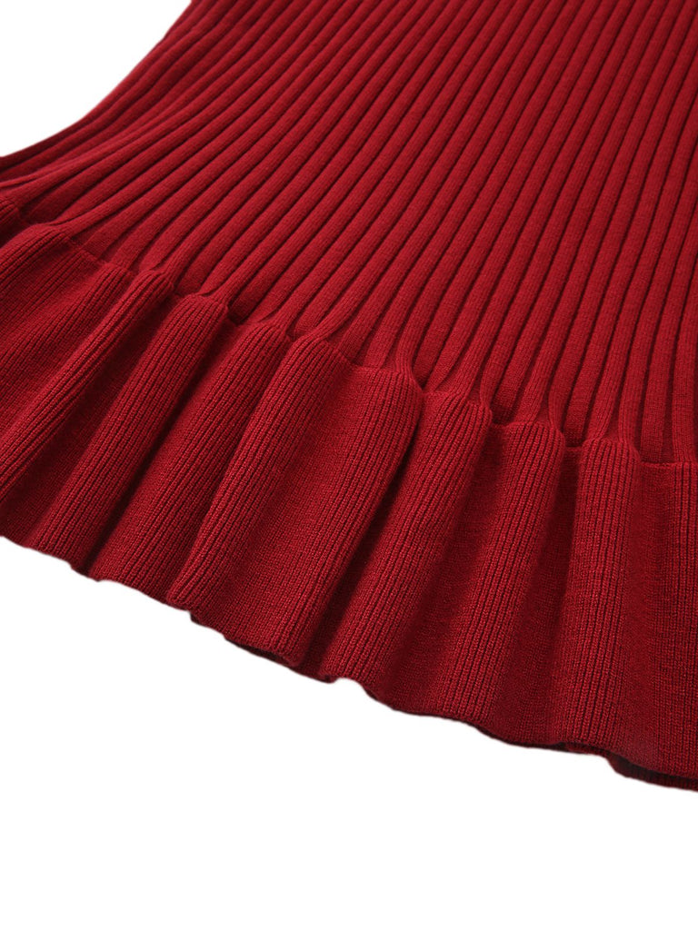 1980er Rippstrick Rüschen Kragen Midi Kleid