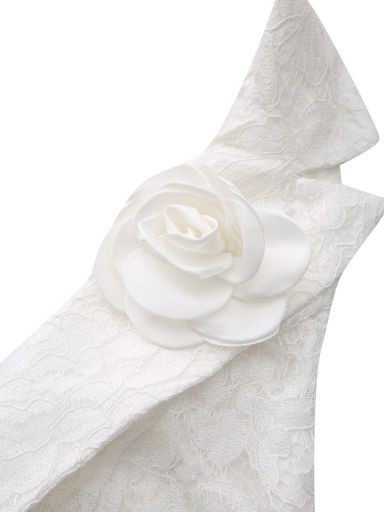 Weiß 1950er Tief V Spitze 3D Rose Halter Revers Kleid