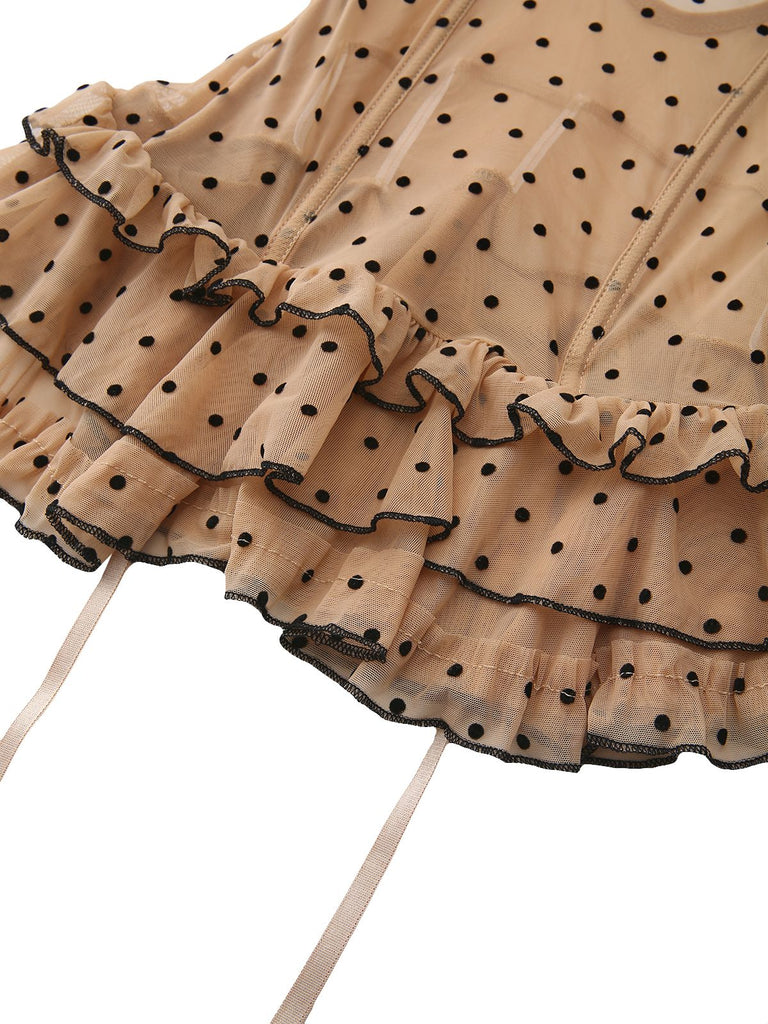 Khaki 1980er Punkte Gestuft Babydoll Nachthemd