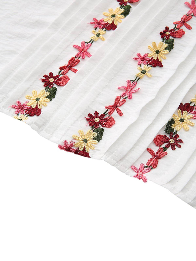 Weiß 1930er Blumen Besticktes Rüschen Kragen Bluse