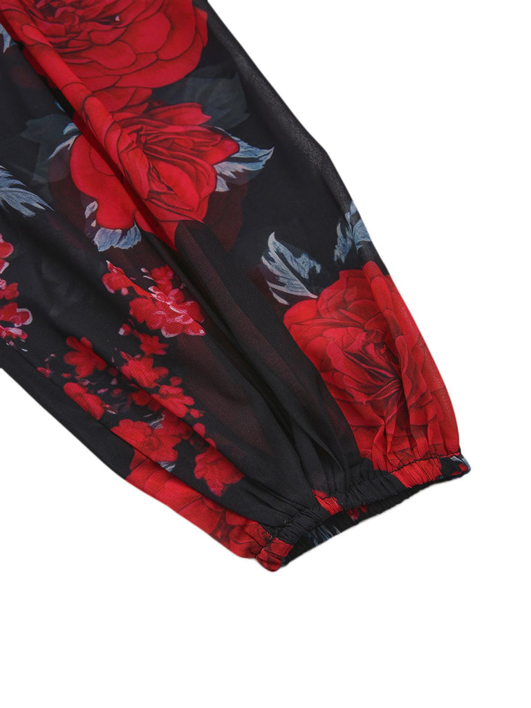 Rot 1960er Französisch Tee Blumen Schulterfrei Enges Kleid