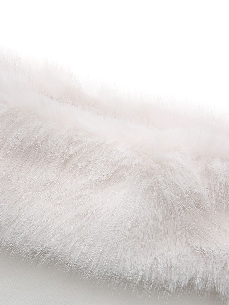 Weiß 1960er Weihnachten Faux Pelzbesatz Schulterfrei Kleid