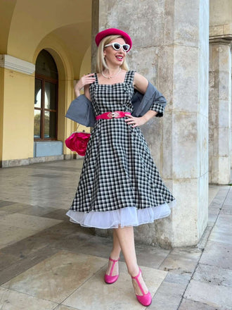 2PCS 1950er Revers Gerollte Ärmel Plaids Mantel & Träger Kleid