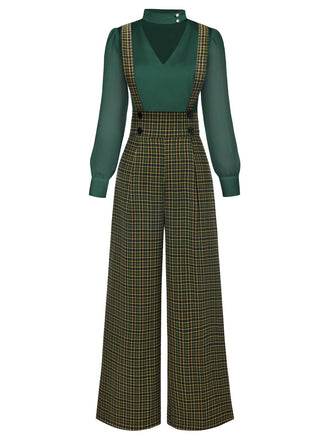 2PCS Grün 1940er Satin Puffärmel Bluse & Glen Plaid Overall Hose