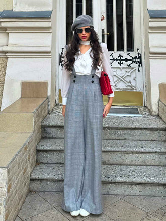 2PCS 1940er Satin Puffärmel Bluse & Glen Plaid Overall Hose