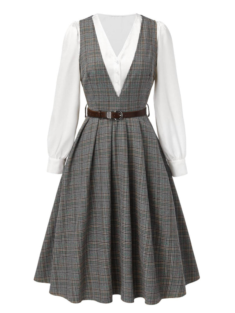 [Vorverkauf] 2PCS Grau 1940er V-Ausschnitt Plaid Kleid & Satin Bluse