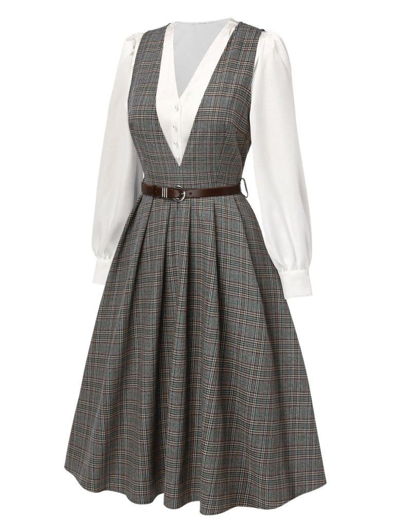 [Vorverkauf] 2PCS Grau 1940er V-Ausschnitt Plaid Kleid & Satin Bluse