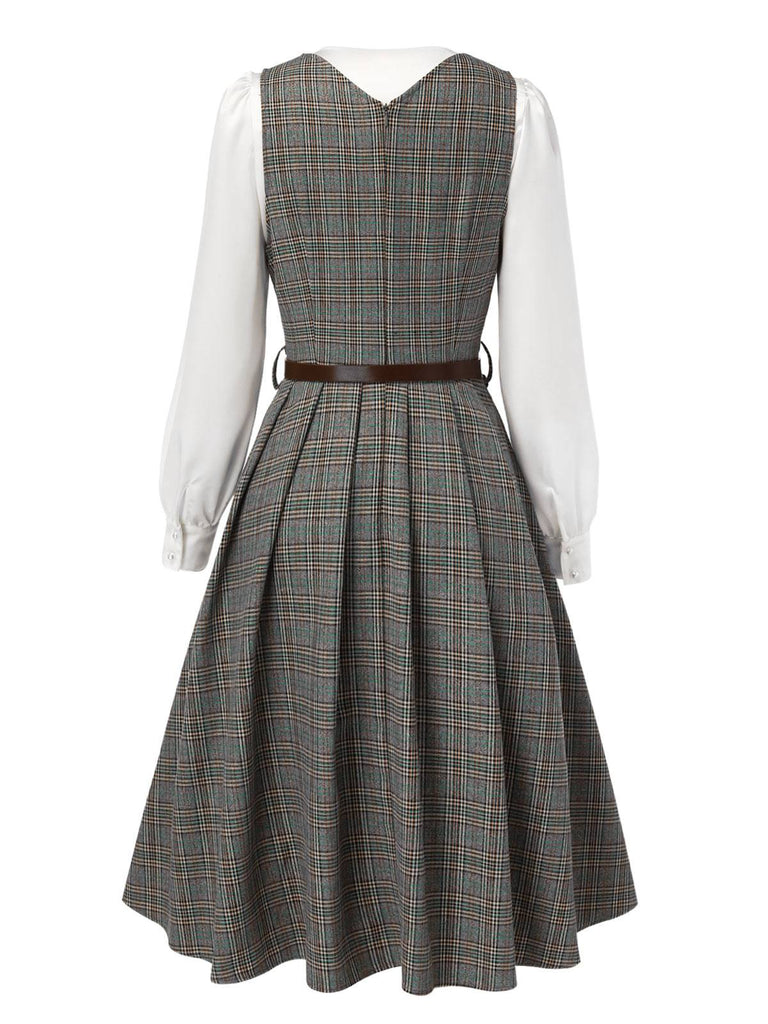 [Vorverkauf] 2PCS Grau 1940er V-Ausschnitt Plaid Kleid & Satin Bluse