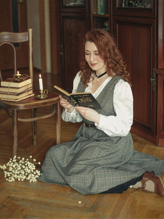 2PCS Grau 1940er V-Ausschnitt Plaid Kleid & Satin Bluse