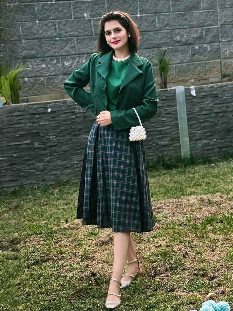 2PCS Grün 1940er Revers Knöpfen Blazer & Plaids Kleid