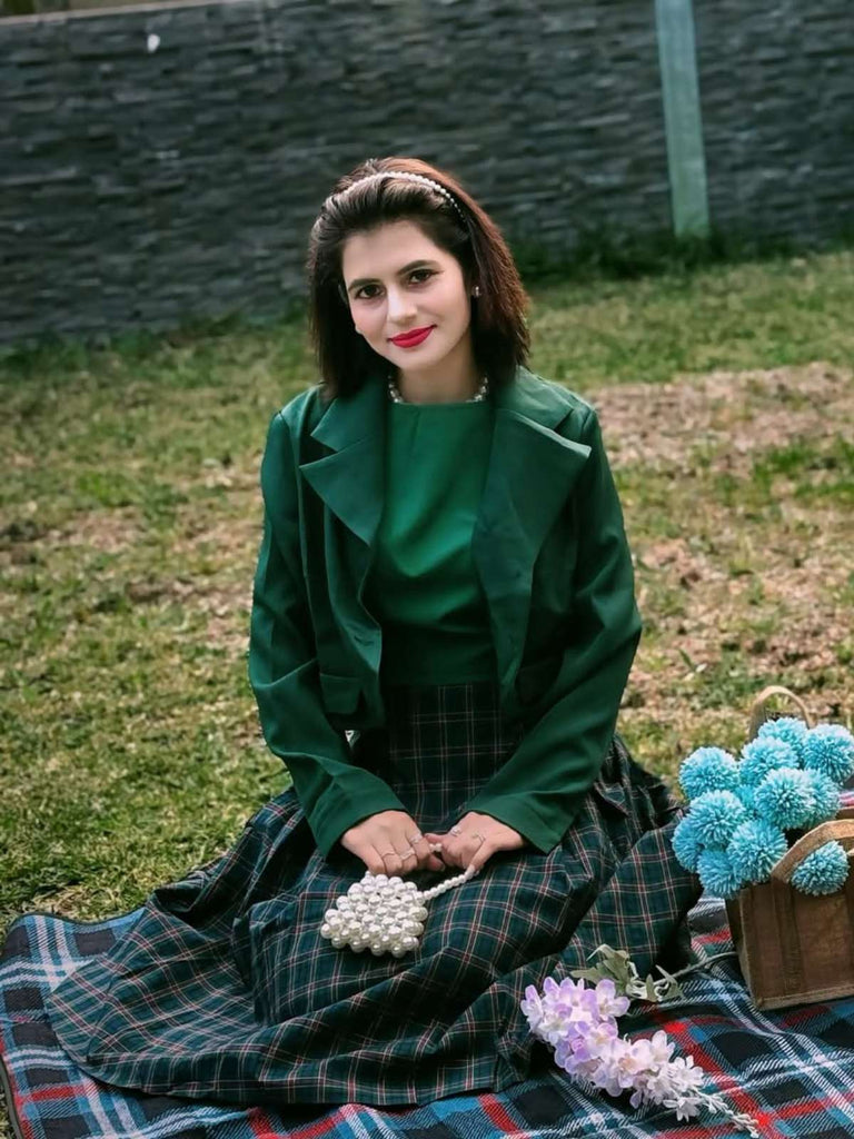 2PCS Grün 1940er Revers Knöpfen Blazer & Plaids Kleid