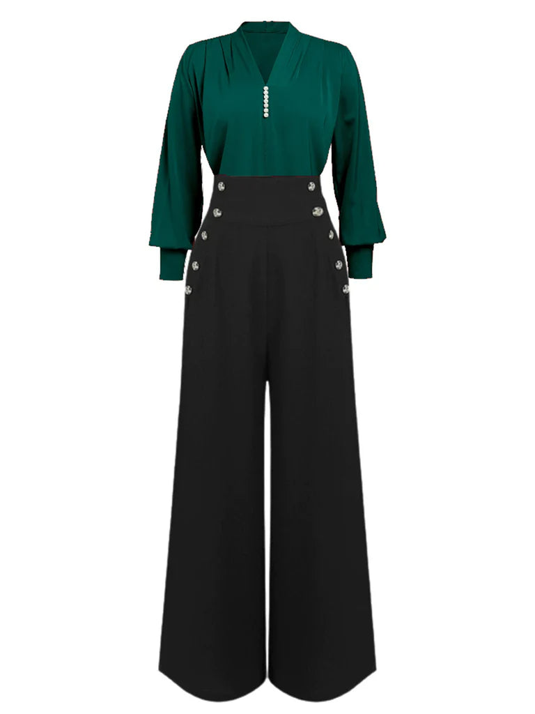 Weinrot 1930er SOLIDE BLUSE & SCHWARZ STRÄGER HOSE