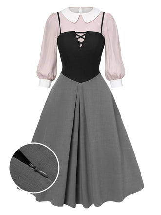 [Vorverkauf] 2PCS 1940er Schneewittchen Kostüm Farbblock Rosa Bluse & Grau Kleid