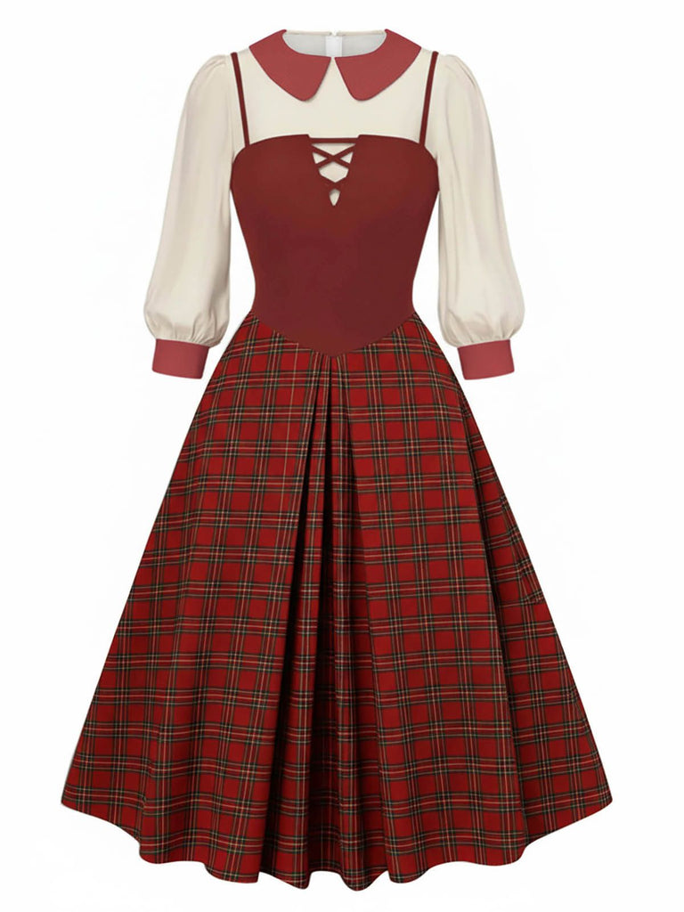 [Vorverkauf] 2PCS 1940er Farbblock Weiß Bluse & Plaid Kleid