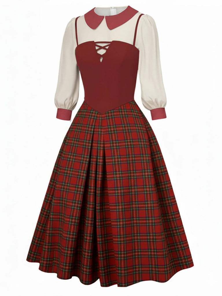 [Vorverkauf] 2PCS 1940er Farbblock Weiß Bluse & Plaid Kleid
