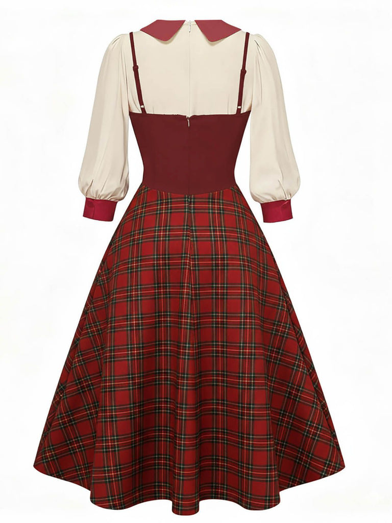 [Vorverkauf] 2PCS 1940er Farbblock Weiß Bluse & Plaid Kleid
