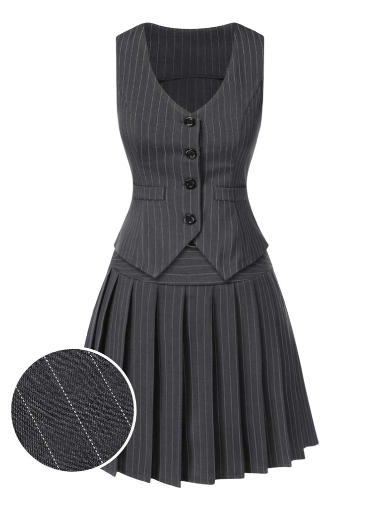 2PCS Dunkelgrau 1960er Nadelstreifen Top & Plissiertes Rock