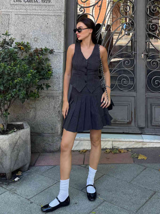 2PCS Dunkelgrau 1960er Nadelstreifen Top & Plissiertes Rock