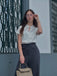 2PCS 1930er Weiß Satin Bluse & Grau Nadelstreifen Hosen