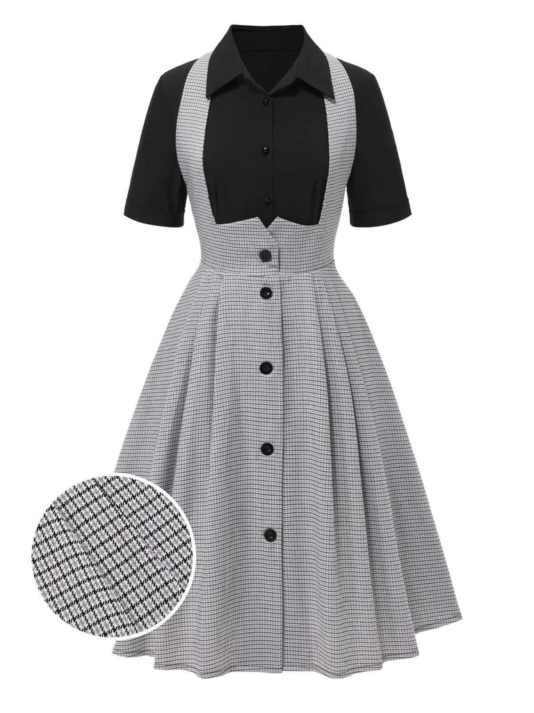 [Vorverkauf] 2PCS 1950er Schwarz Bluse & Grau Pin Check Halftergurt Rock