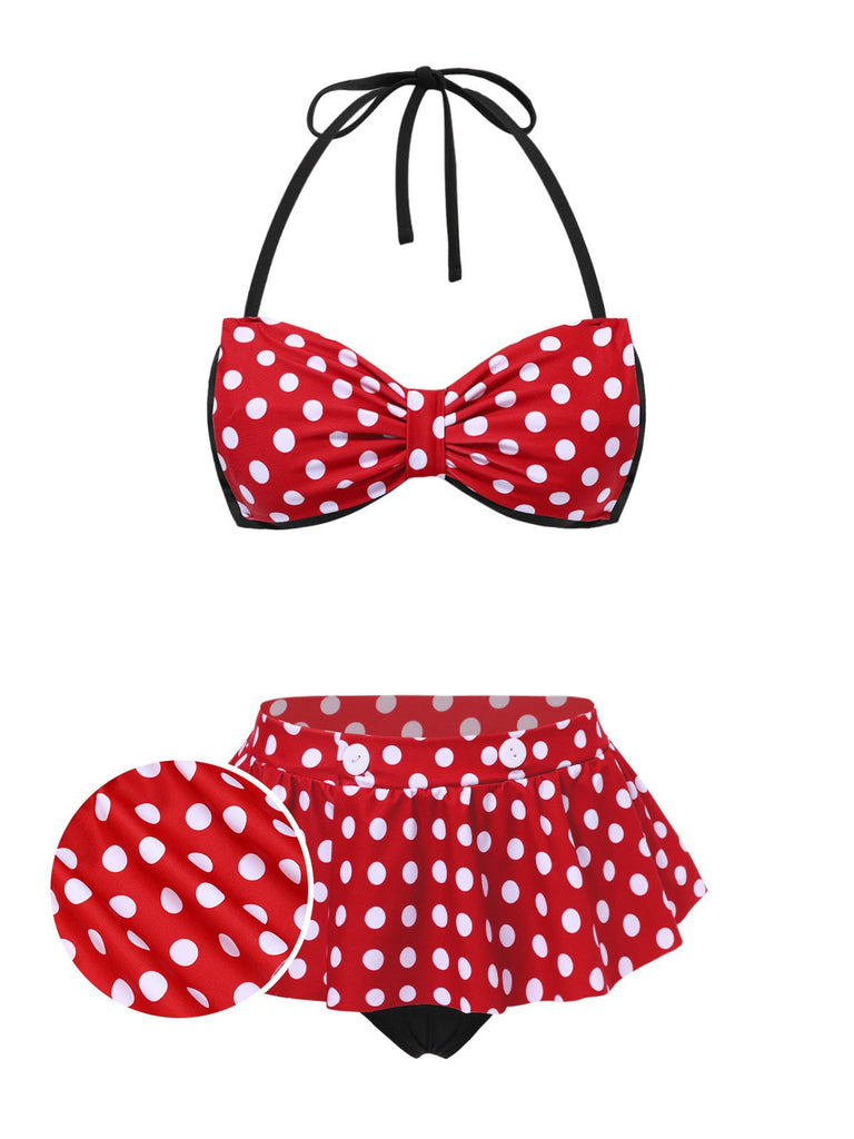 [Vorverkauf] Rot 1950er Polka Dots Bogen Bikini Set & Cover-Up