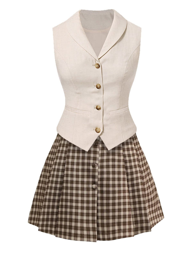 [Vorverkauf] 2PCS 1950er Schalkragen Weste & Plaid Plissiertes Rock