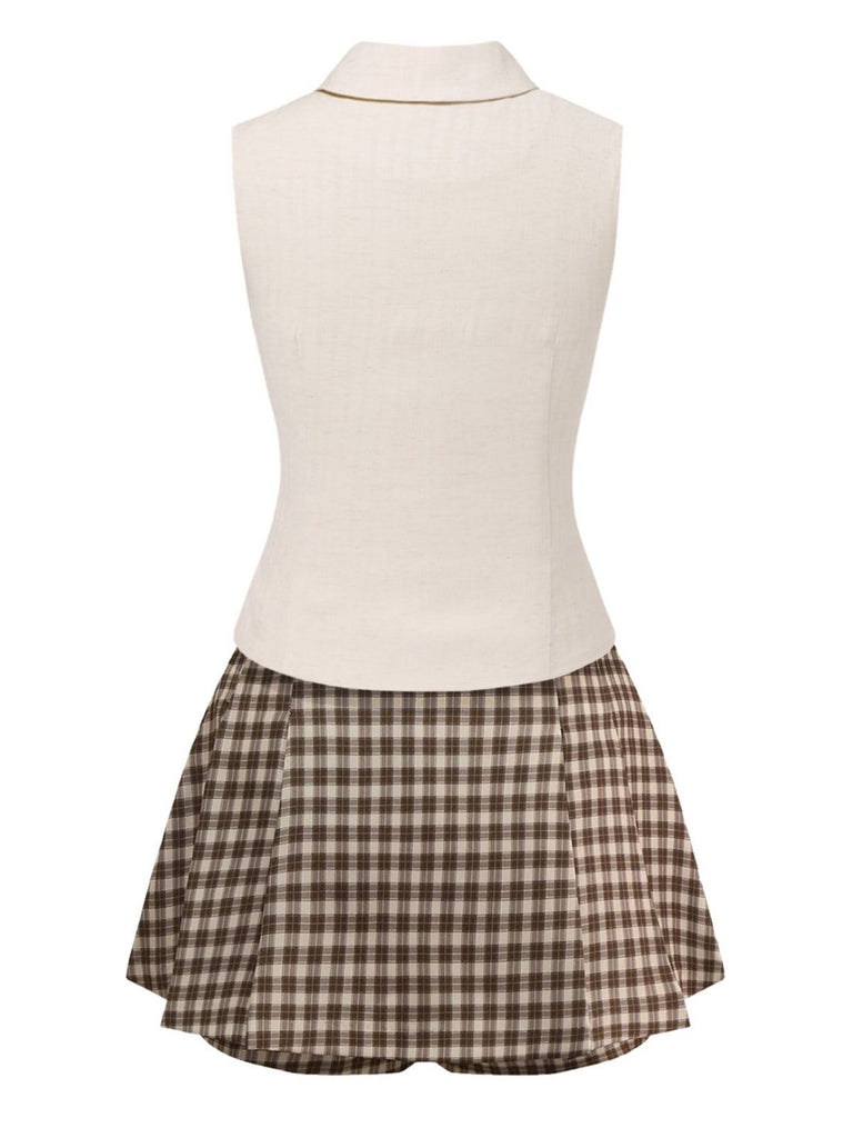 [Vorverkauf] 2PCS 1950er Schalkragen Weste & Plaid Plissiertes Rock