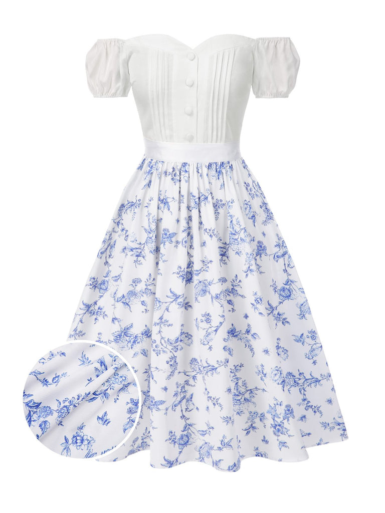 2PCS Weiß 1950er Schulterfrei Puff Top & Blumen Rock